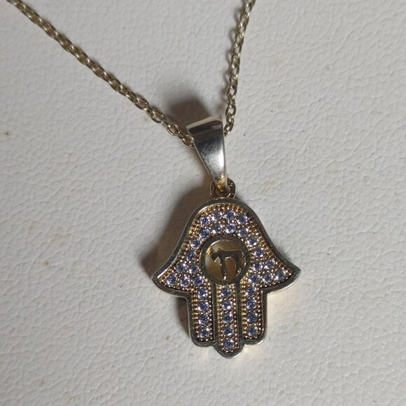 Hamsa Hand Pendant Necklace Gold Plated 925 Silver Rhinestone Accents 18 Chain - Picture 1 of 8